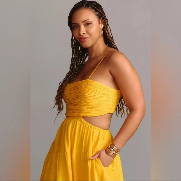 NWT Anthropologie Let Me Be Cutout Tiered Maxi Dress in Tangerine Yellow Size M - Picture 6 of 15